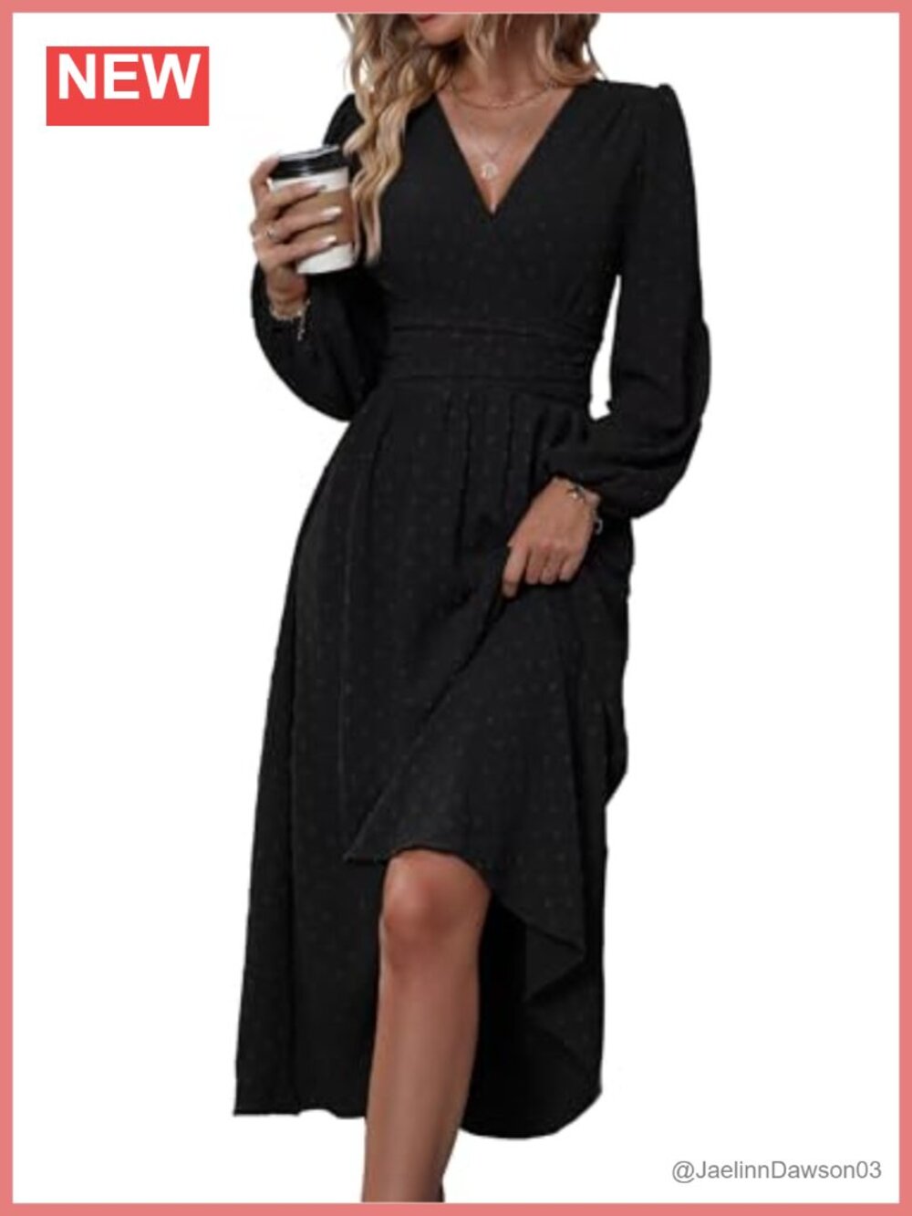 Womens Long Sleeve Midi A Line Dress V Neck Swiss Dot Smocked Empire Waist Flowy